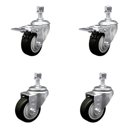 Service Caster 3.5 Inch SS Black Poly 12mm Threaded Stem Caster Total Lock Brake SCC, 2PK SSTSTTL20S3514-PPUB-BLK-M1215-2-S-2